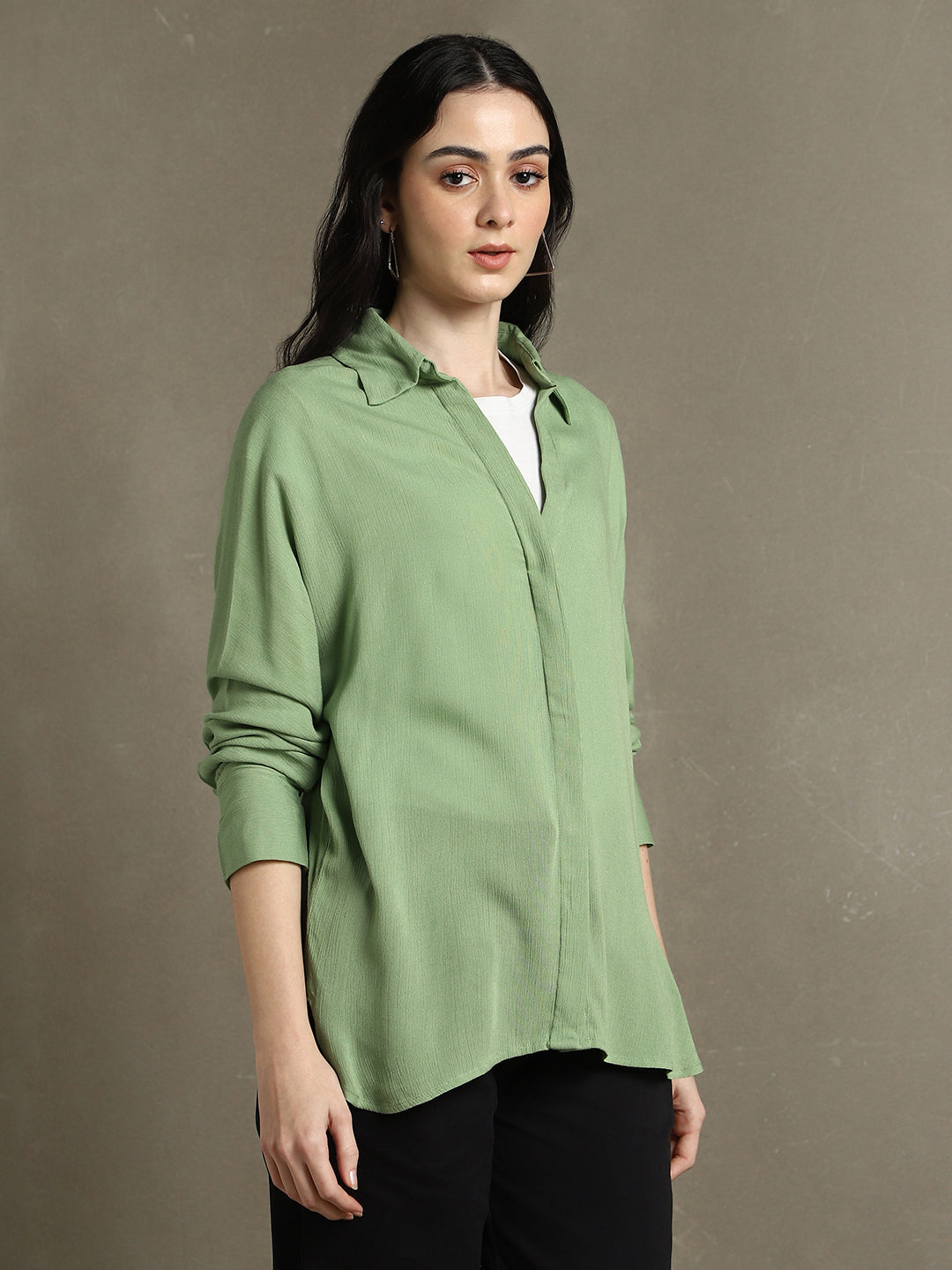 Women Sage Green Solid Spread Collar Full Sleeves Oversized Shirt