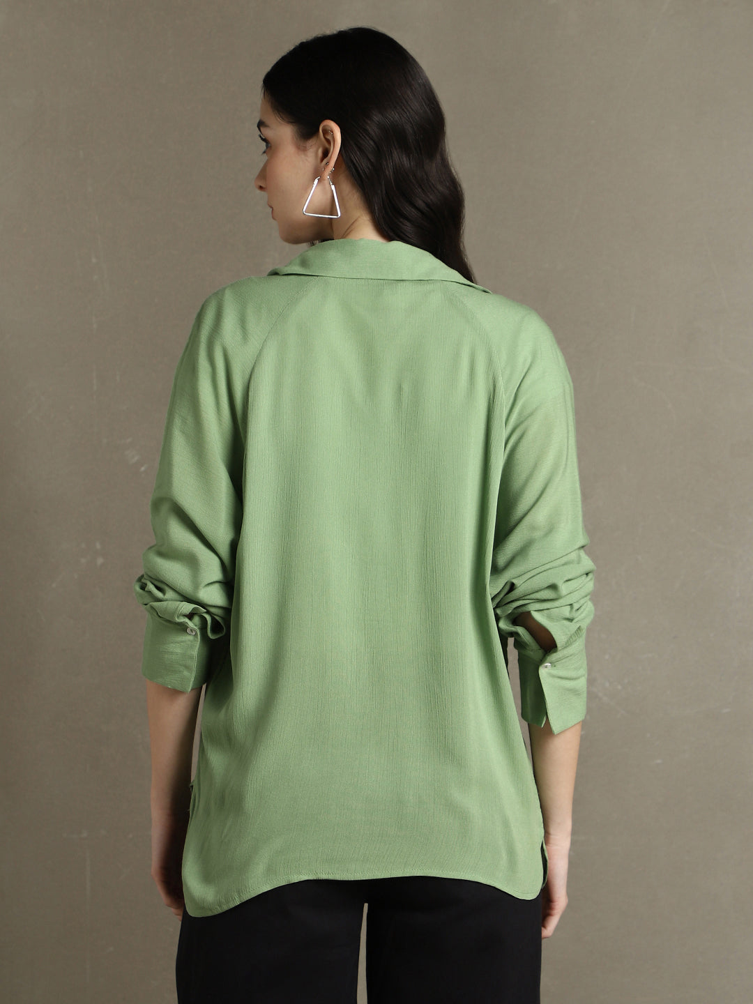 Women Sage Green Solid Spread Collar Full Sleeves Oversized Shirt