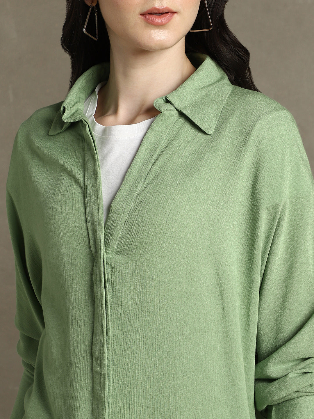Women Sage Green Solid Spread Collar Full Sleeves Oversized Shirt