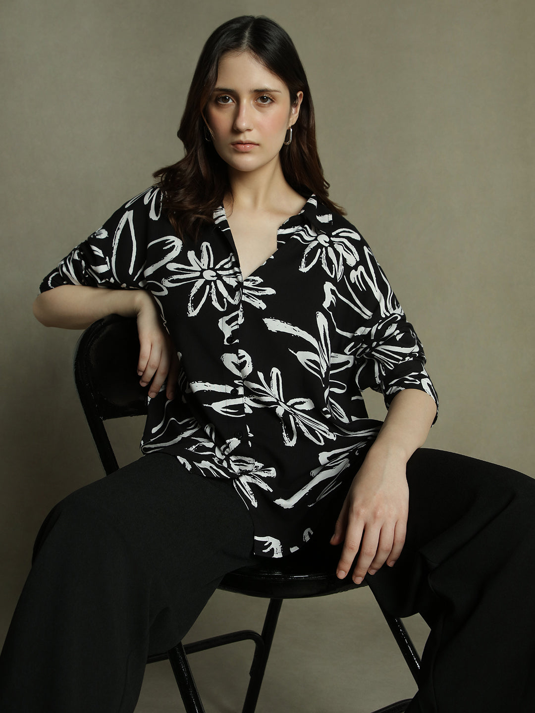 Women Black Floral Print Collared Cotton Shirt
