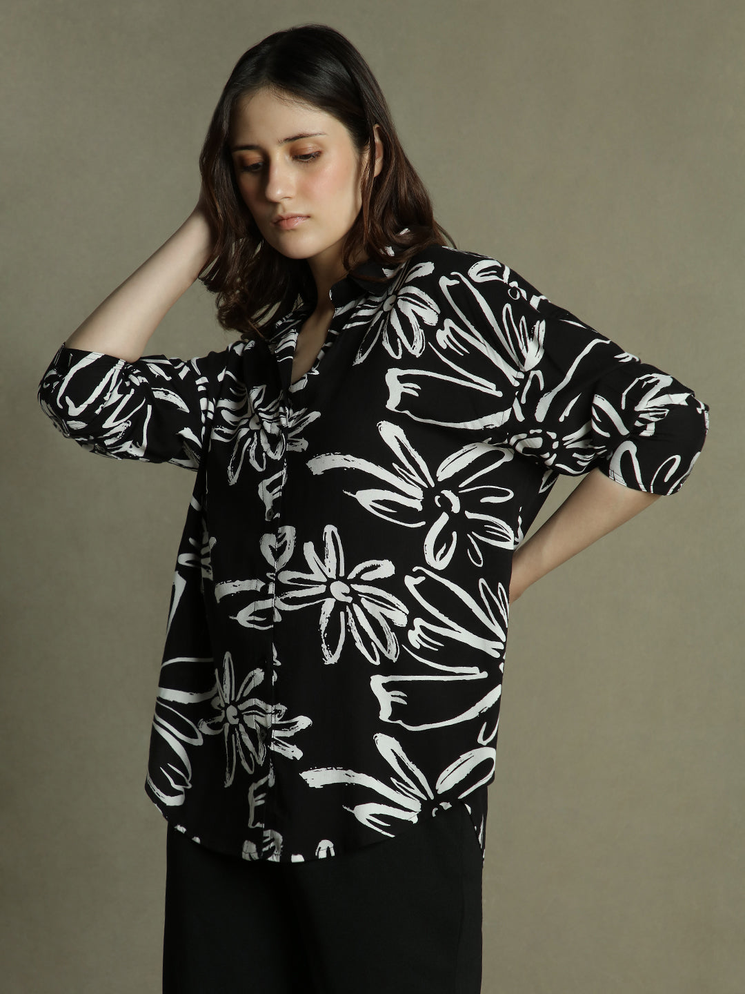 Women Black Floral Print Collared Cotton Shirt