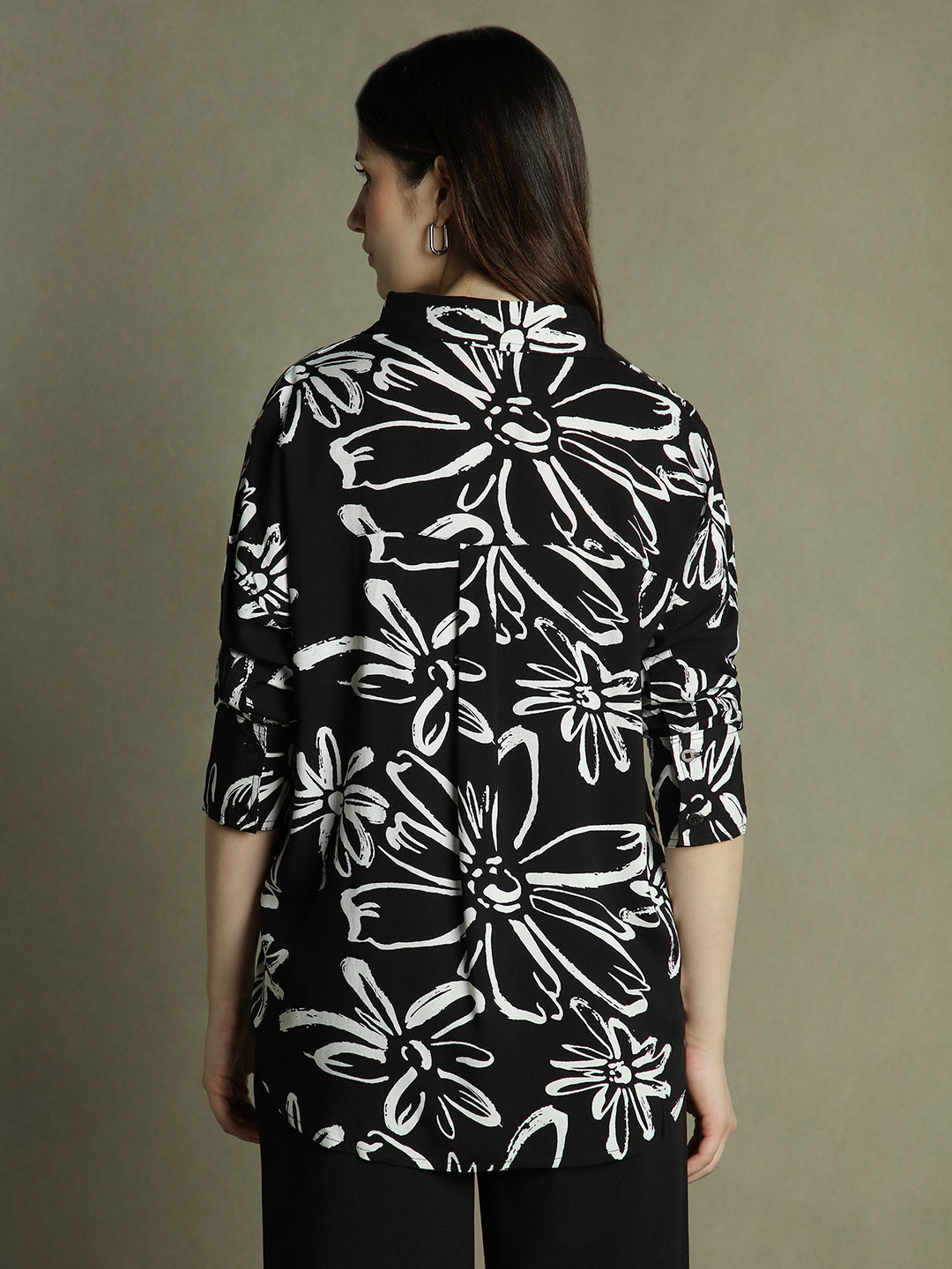 Women Black Floral Print Collared Cotton Shirt