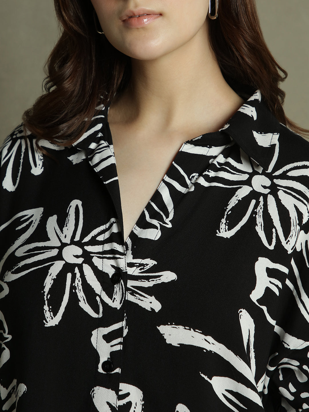 Women Black Floral Print Collared Cotton Shirt