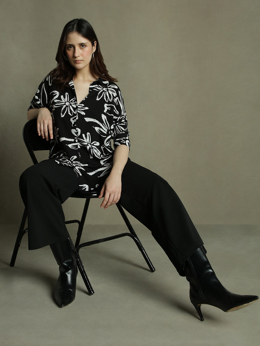 Women Black Floral Print Collared Cotton Shirt