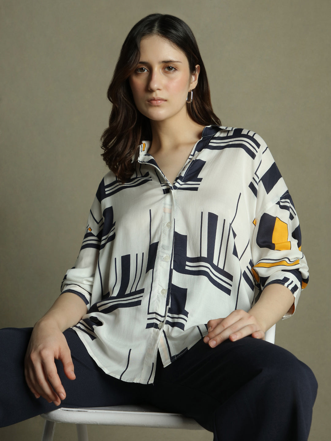 Women White Abstract Print Collared Cotton Shirt