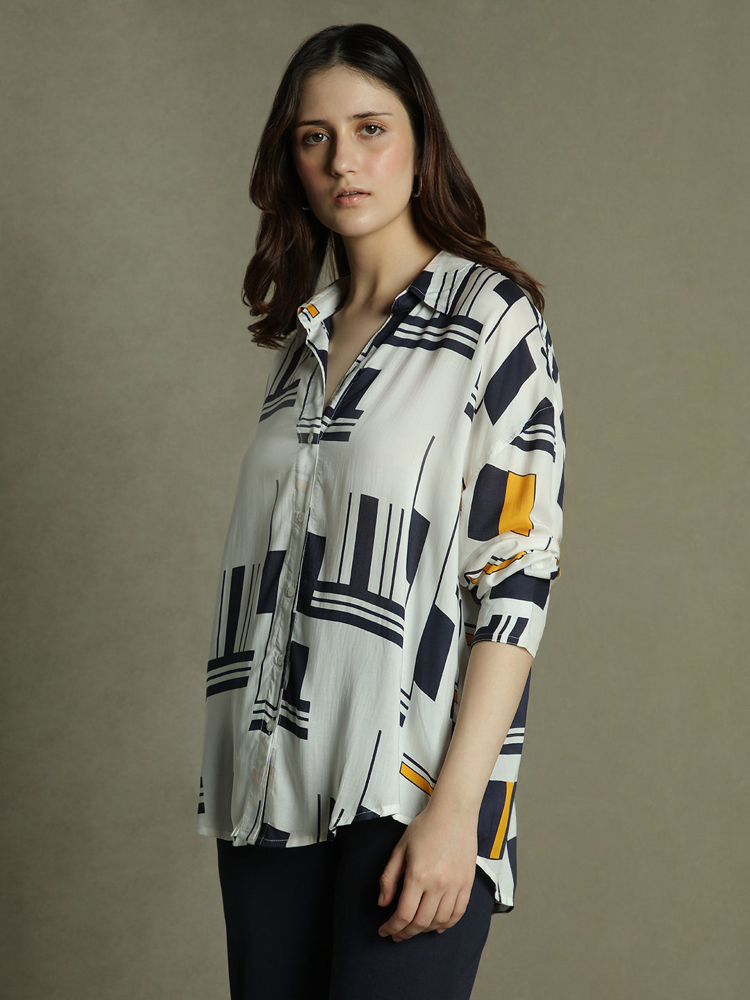 Women White Abstract Print Collared Cotton Shirt