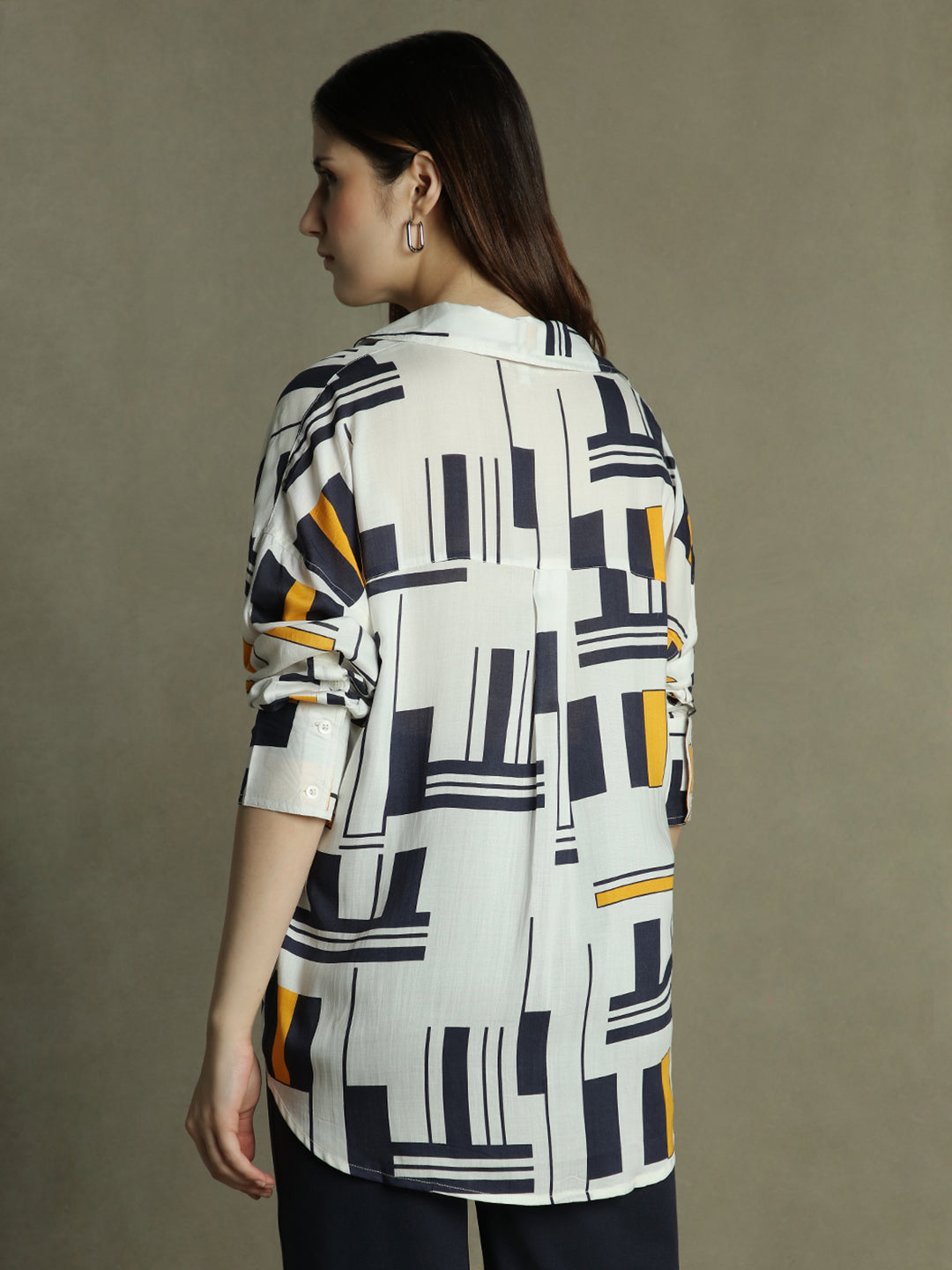 Women White Abstract Print Collared Cotton Shirt