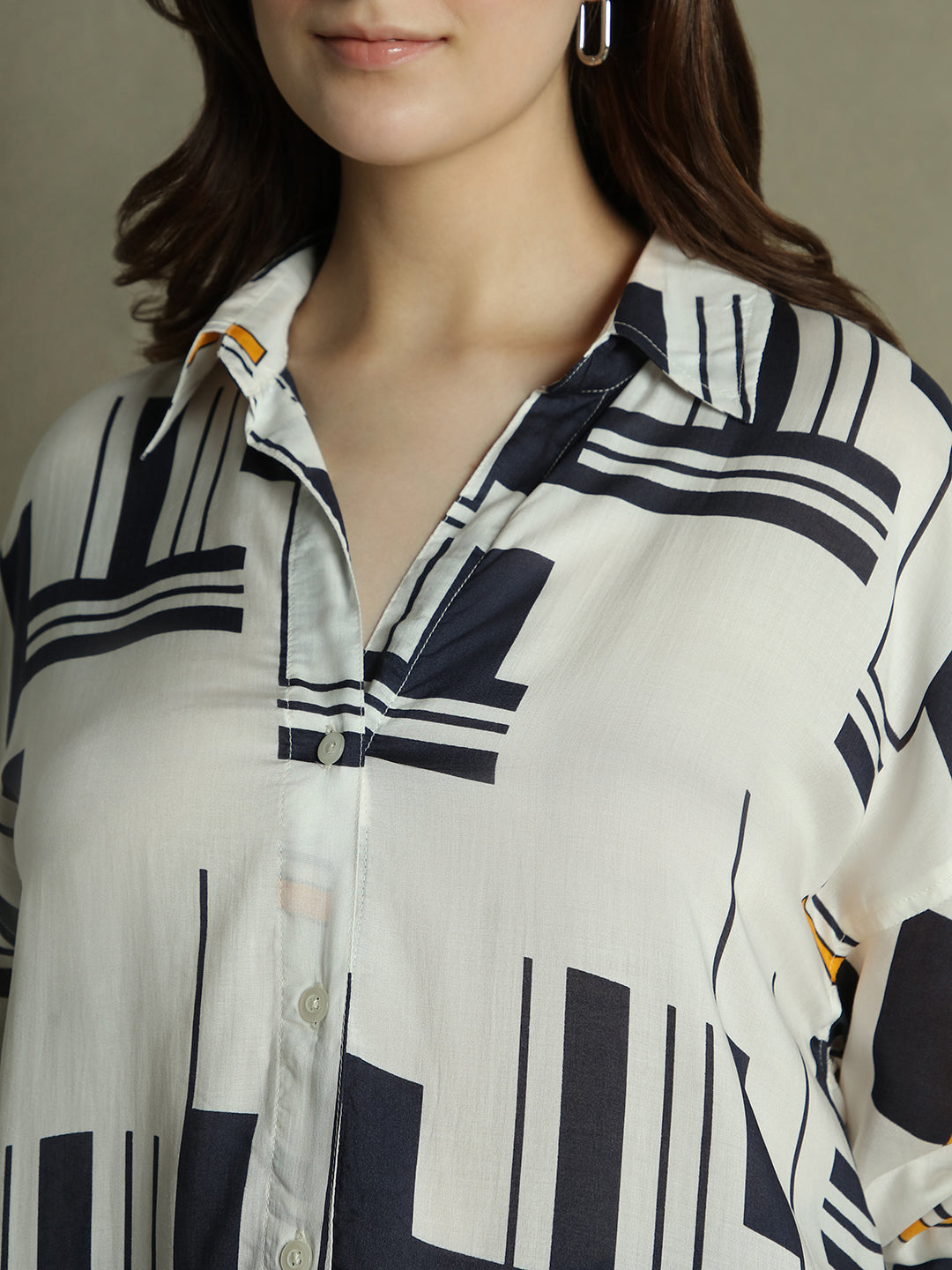 Women White Abstract Print Collared Cotton Shirt