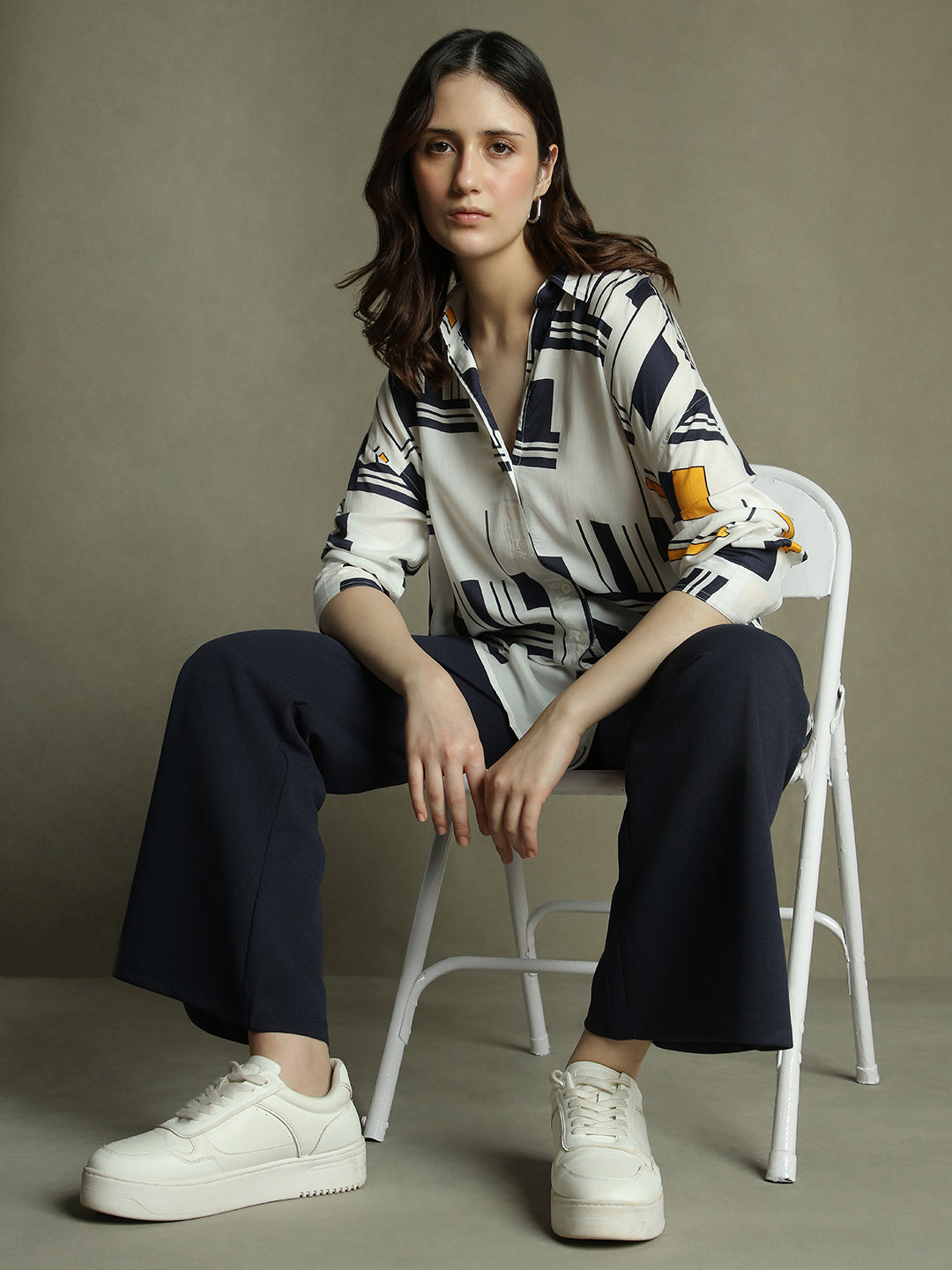 Women White Abstract Print Collared Cotton Shirt