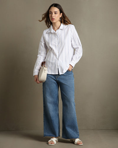 DL Woman White Striped Spread Collar Full Sleeves Relaxed Fit Shirt