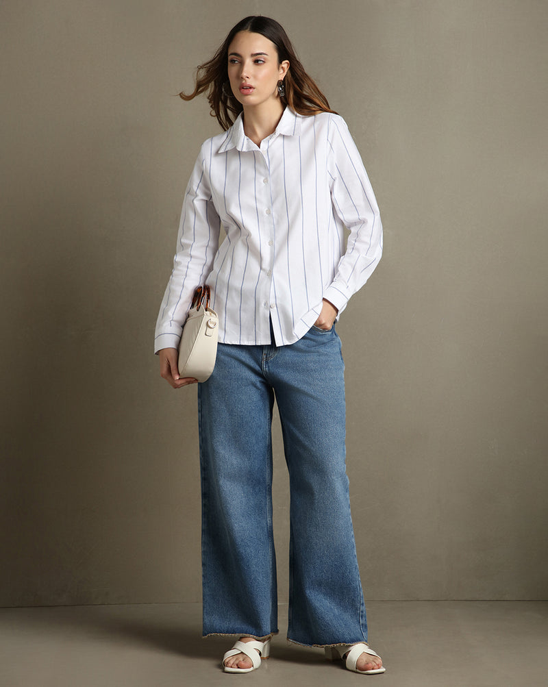 DL Woman White Striped Spread Collar Full Sleeves Relaxed Fit Shirt