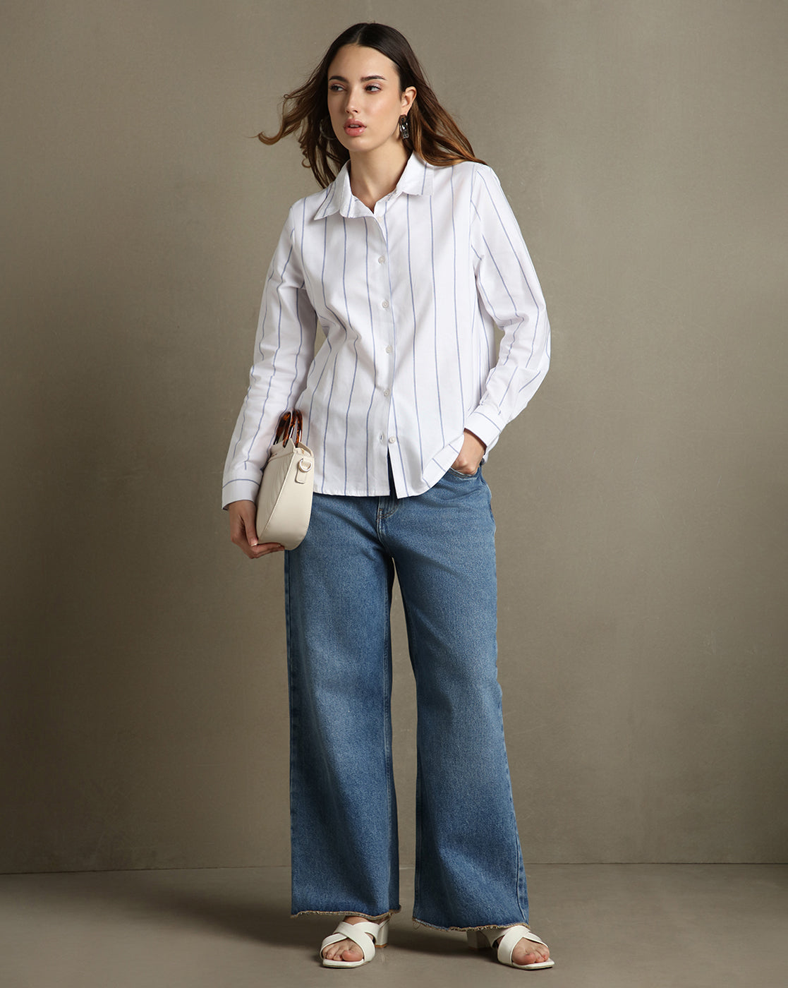 DL Woman White Striped Spread Collar Full Sleeves Relaxed Fit Shirt
