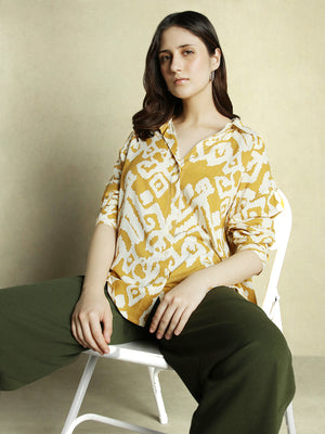 Women Mustard Printed Full Sleeves Spread Collar Oversized Shirt
