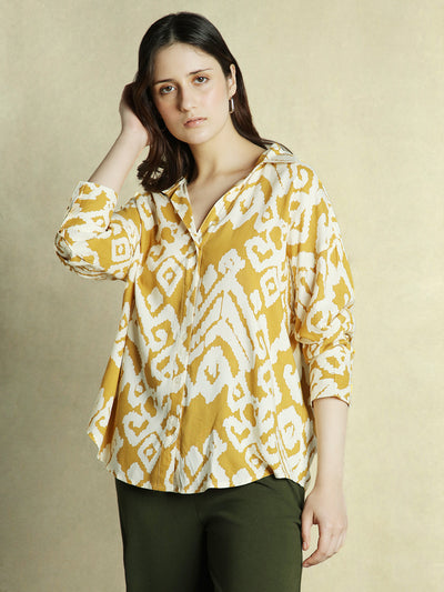DL Woman Mustard Printed Full Sleeves Spread Collar Oversized Shirt