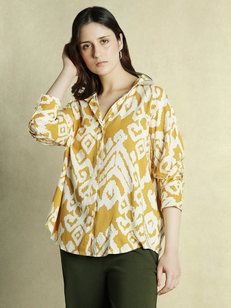DL Woman Mustard Printed Full Sleeves Spread Collar Oversized Shirt