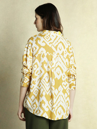 DL Woman Mustard Printed Full Sleeves Spread Collar Oversized Shirt