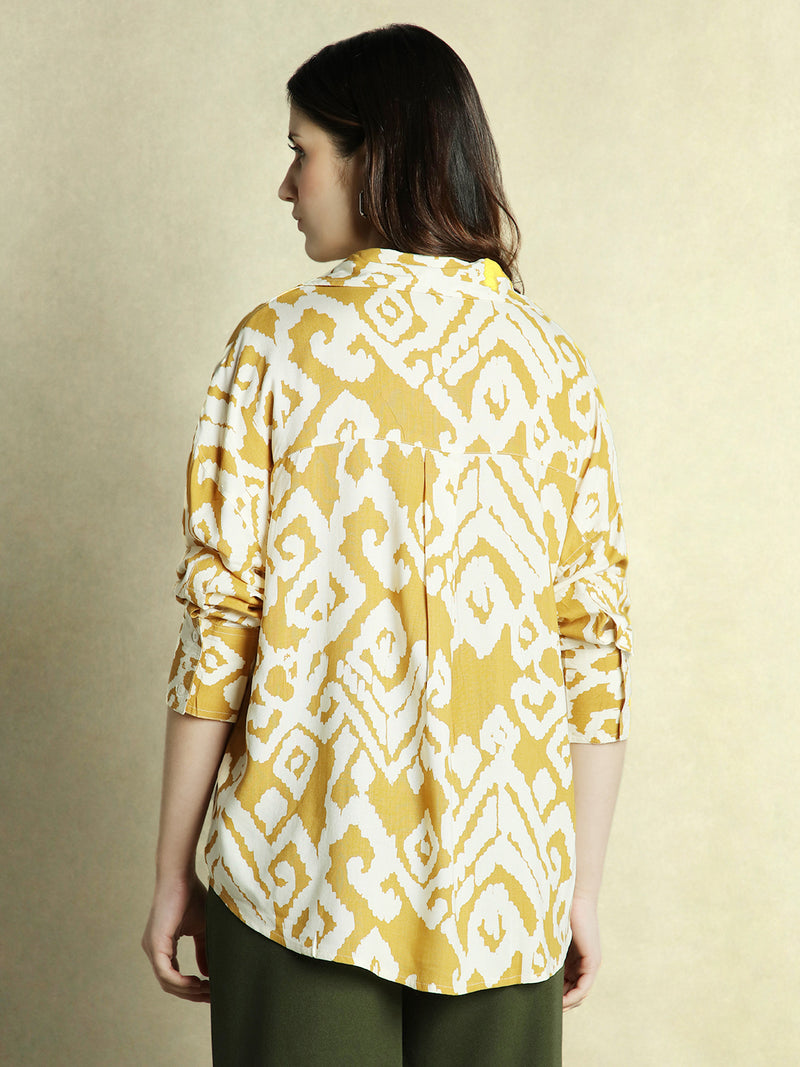 DL Woman Mustard Printed Full Sleeves Spread Collar Oversized Shirt