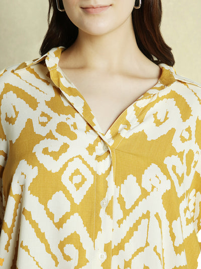 DL Woman Mustard Printed Full Sleeves Spread Collar Oversized Shirt