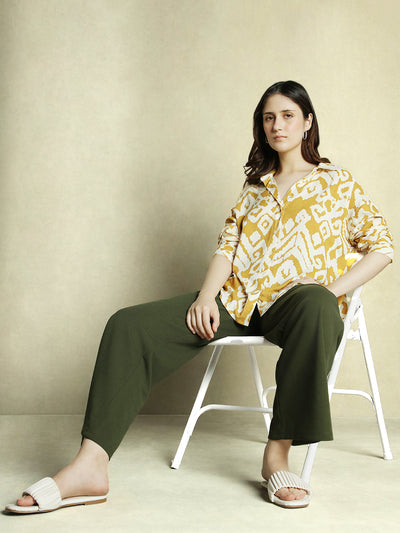 DL Woman Mustard Printed Full Sleeves Spread Collar Oversized Shirt