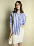 DL Woman Blue Striped Spread Collar Full Sleeves Oversized Shirt