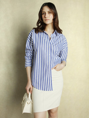 DL Woman Blue Striped Spread Collar Full Sleeves Oversized Shirt