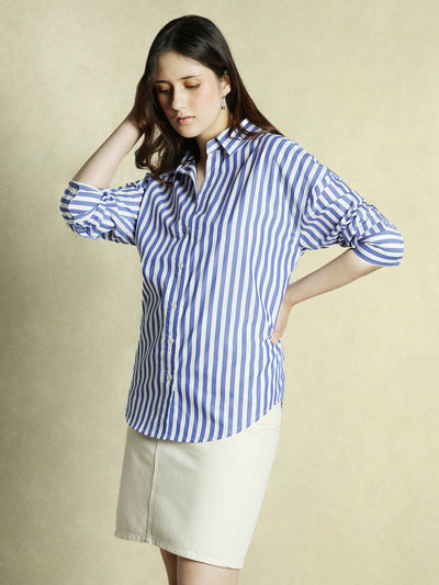 DL Woman Blue Striped Spread Collar Full Sleeves Oversized Shirt
