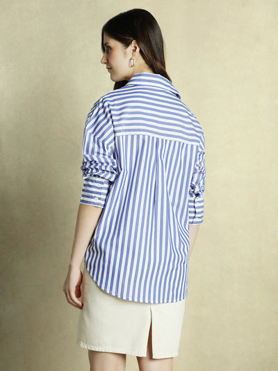 DL Woman Blue Striped Spread Collar Full Sleeves Oversized Shirt