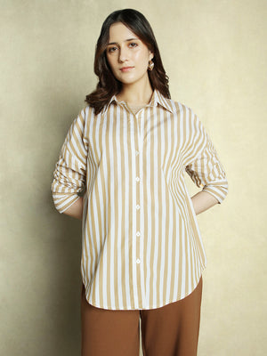 DL Woman Khaki Striped Full Sleeves Spread Collar Oversized Shirt