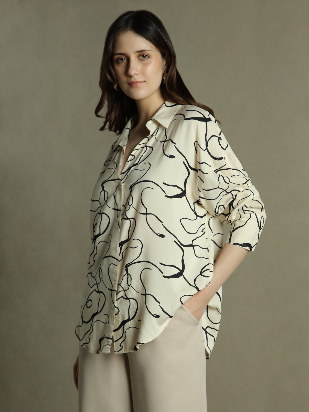 Women White Abstract Print Collared Cotton Shirt
