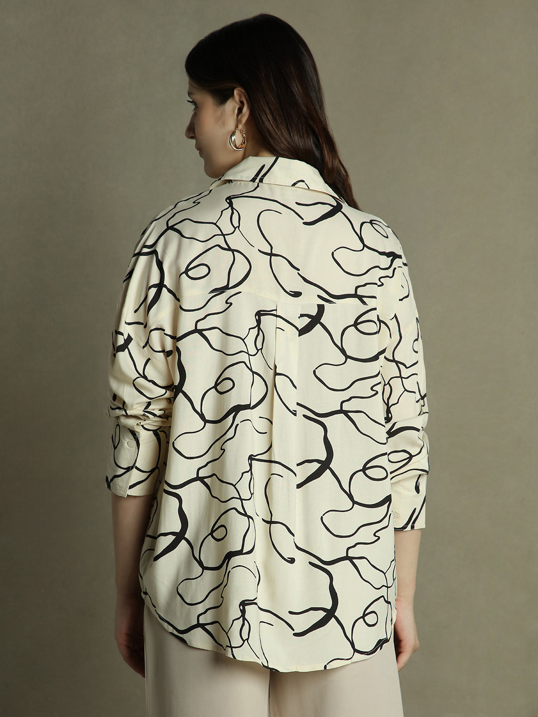 Women White Abstract Print Collared Cotton Shirt