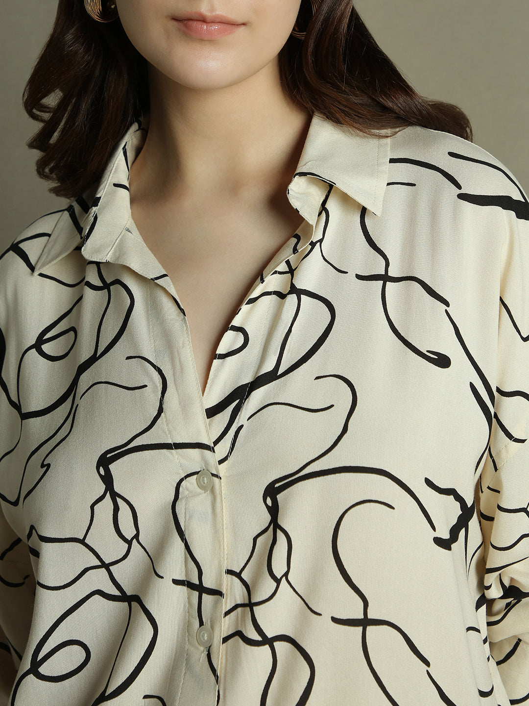 Women White Abstract Print Collared Cotton Shirt