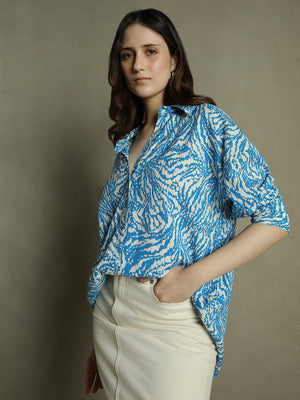 Women Blue Floral Print Collared Cotton Shirt