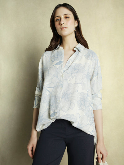 DL Woman Blue Floral Printed Collared Cotton Shirt