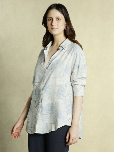 DL Woman Blue Floral Printed Collared Cotton Shirt
