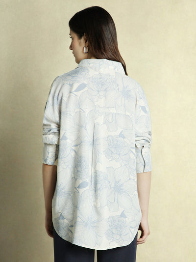 DL Woman Blue Floral Printed Collared Cotton Shirt
