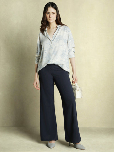 DL Woman Blue Floral Printed Collared Cotton Shirt