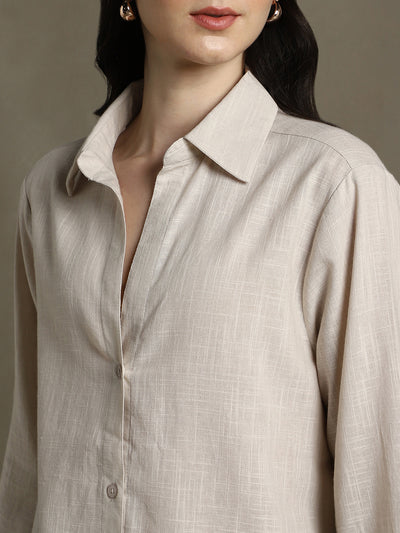 DL Woman Beige Solid Textured Spread Collar Full Sleeves Oversized Shirt