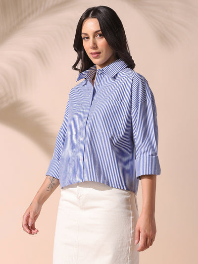 DL Woman Blue Striped Spread Collar Drop Shoulder Relaxed Cotton Shirt