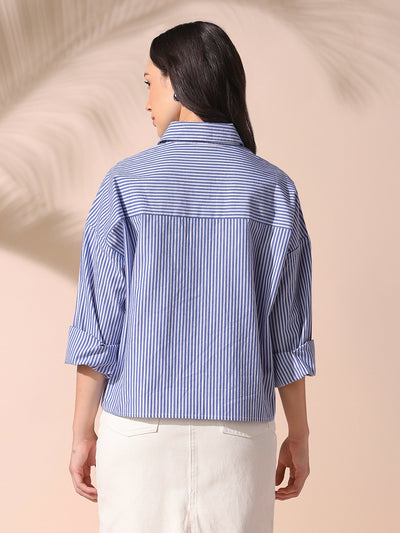 DL Woman Blue Striped Spread Collar Drop Shoulder Relaxed Cotton Shirt