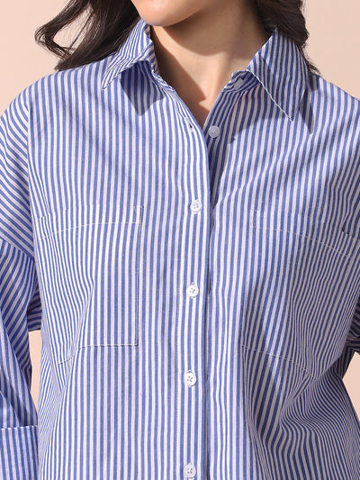 DL Woman Blue Striped Spread Collar Drop Shoulder Relaxed Cotton Shirt