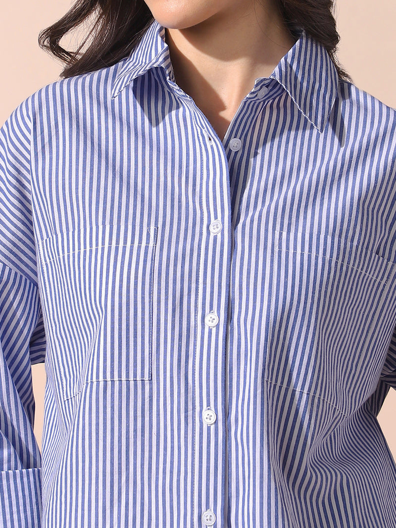 DL Woman Blue Striped Spread Collar Drop Shoulder Relaxed Cotton Shirt