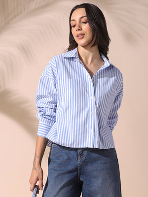 DL Woman Light Blue Striped Spread Collar Drop Shoulder Relaxed Cotton Shirt