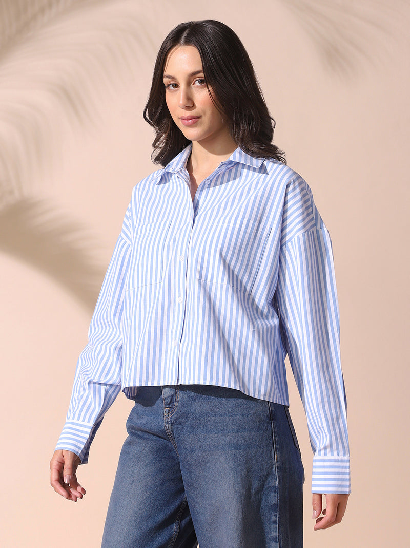 DL Woman Light Blue Striped Spread Collar Drop Shoulder Relaxed Cotton Shirt