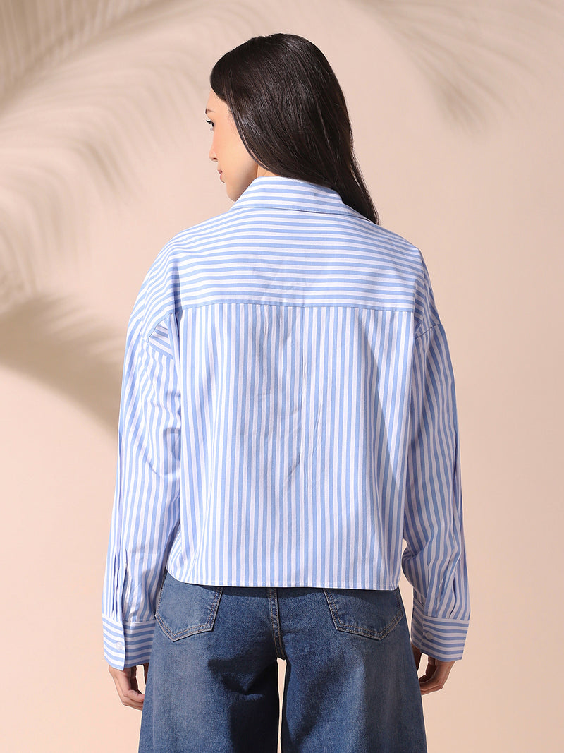 DL Woman Light Blue Striped Spread Collar Drop Shoulder Relaxed Cotton Shirt