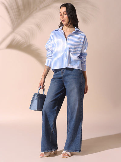 DL Woman Light Blue Striped Spread Collar Drop Shoulder Relaxed Cotton Shirt