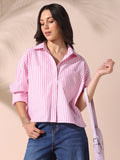DL Woman Pink Striped Spread Collar Drop Shoulder Relaxed Cotton Shirt