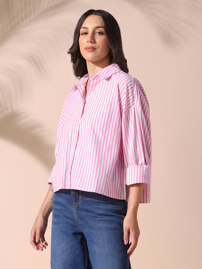 DL Woman Pink Striped Spread Collar Drop Shoulder Relaxed Cotton Shirt