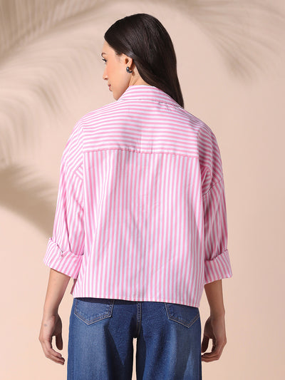 DL Woman Pink Striped Spread Collar Drop Shoulder Relaxed Cotton Shirt