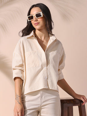 DL Woman Yellow Striped Spread Collar Drop Shoulder Relaxed Cotton Shirt