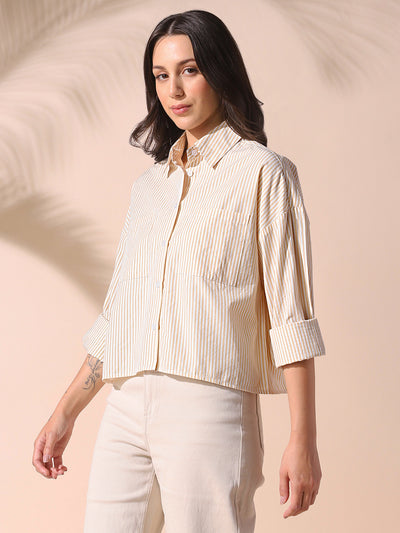 DL Woman Yellow Striped Spread Collar Drop Shoulder Relaxed Cotton Shirt